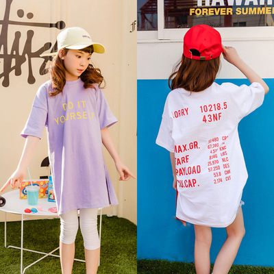 2019韓版夏童裝印字母開叉5分袖t恤長裙 兒童純棉圓領短袖親子裝