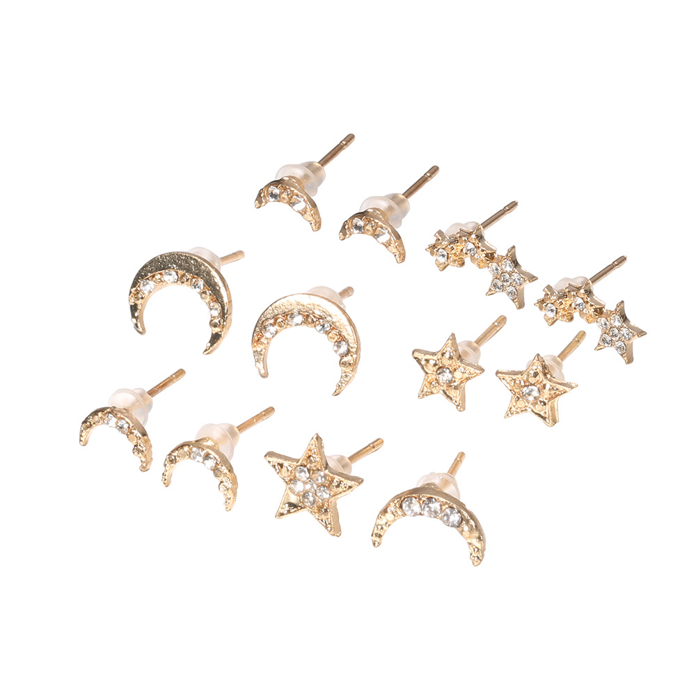 Juego De Aretes Creativos De Estrellas Y Luna Con Diamantes De Imitación, 6 Pares, Venta Al Por Mayor display picture 2