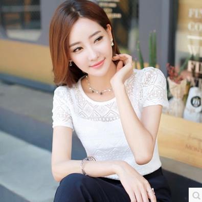 夏装新款韩版打底上衣修身白色圆领短袖镂空蕾丝雪纺衫C058