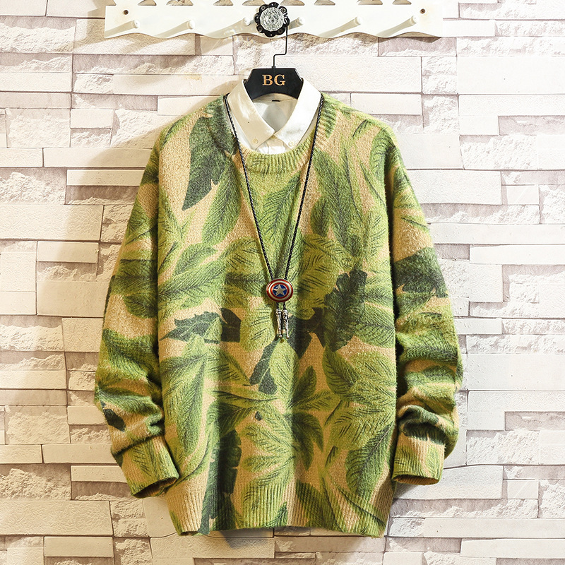 2019秋冬新款男式日系大码撞色树叶涂鸦毛衣男士休闲圆领加厚毛衣