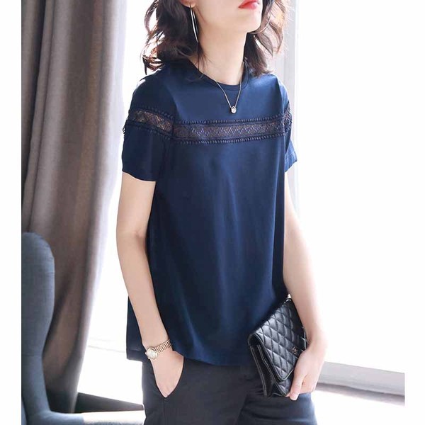 Round-collar lace stitching short-sleeved T-shirt spring 