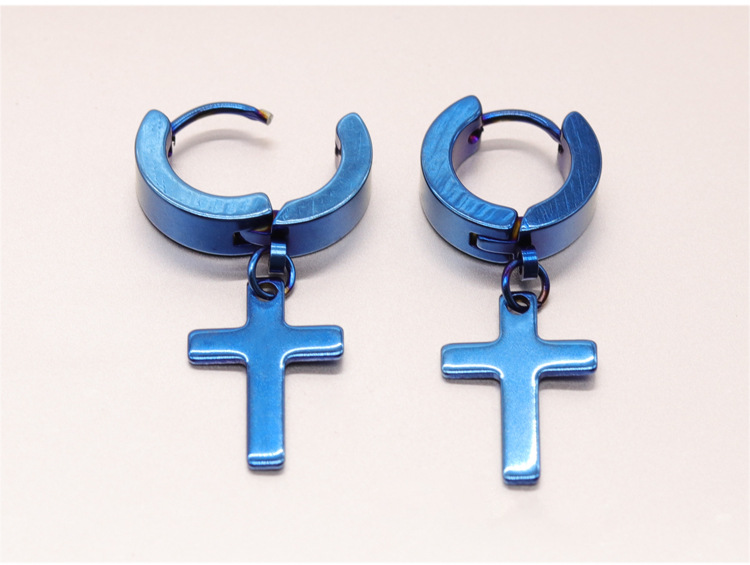 嘻哈风圆形男士耳钉耳坠 防掉色不锈钢十字架耳环