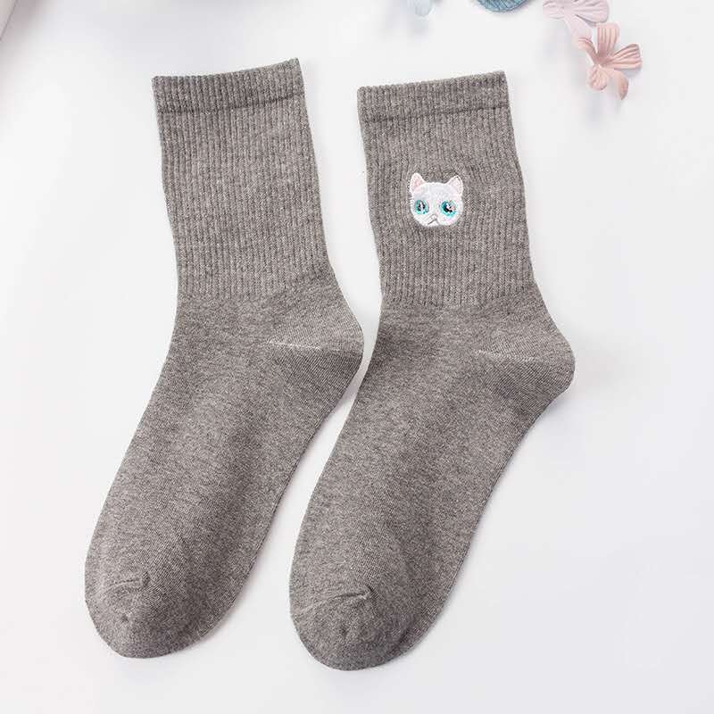 Cat Embroidered Sock Dark Blue