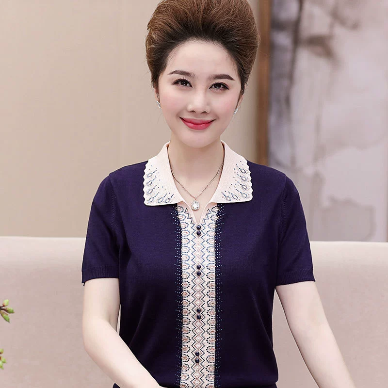 Летняя футболка для мам с короткими рукавами, женская одежда в западном стиле, новая одежда для женщин среднего и пожилого возраста, Вязаный топ из ледяного шелка с лацканами для пожилых людей среднего возраста