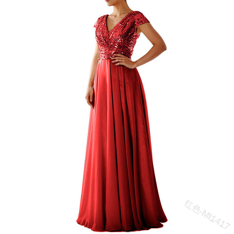 Women's A-line Skirt Fashion V Neck Sequins Patchwork Short Sleeve Solid Color Maxi Long Dress Daily display picture 6