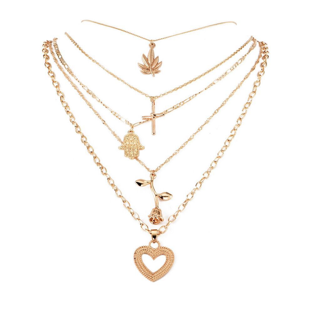 Creative Cross Maple Leaf Palm Pendant Necklace Rose Heart Shaped Multilayer Necklace_voghion.com