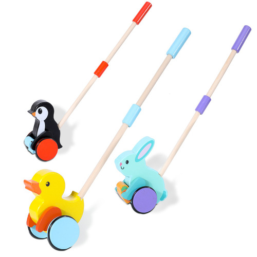 Cartoon children's toddler stroller duck, rabbit, penguin removable wooden handle early teaching stroller