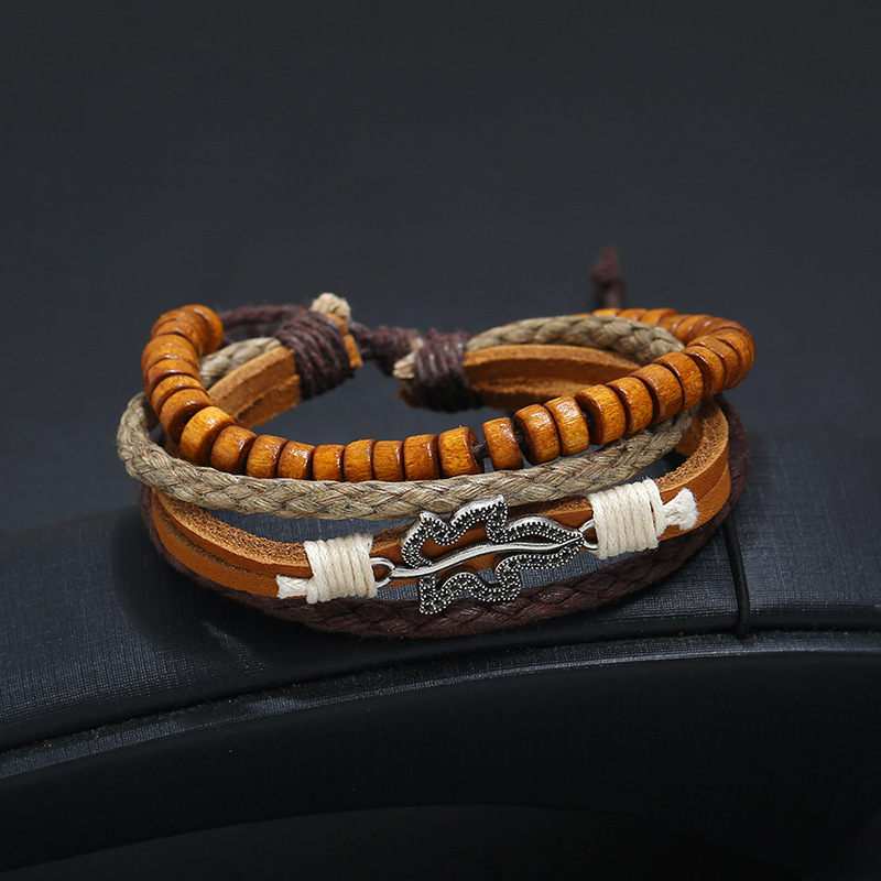 New Vintage Woven Leather Bracelet Men's Wooden Beads Leather Bracelet display picture 2