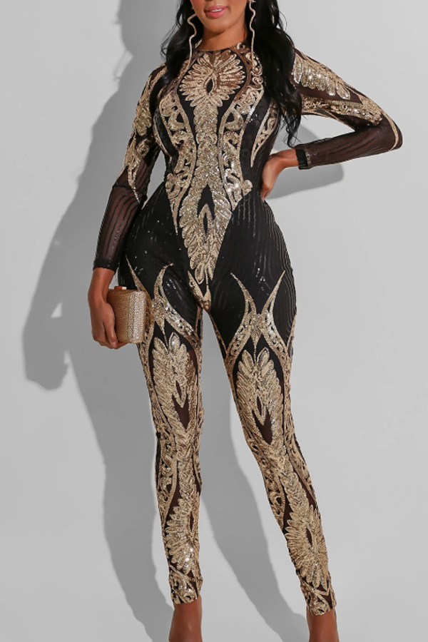 Sequined Long-Sleeved See-Through Jumpsuit NSCYF73118