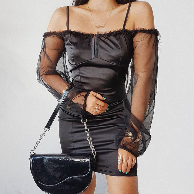 New popular eBay solid shoulder strapless and mesh foam sleeve suspender women’s dress