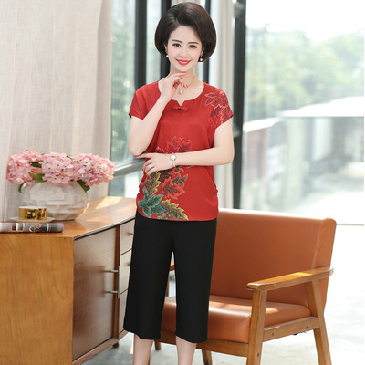 [Auspicious]Middle and old age Women's wear Summer wear Short sleeved Silk like suit Mom outfit Western style frog jacket trousers