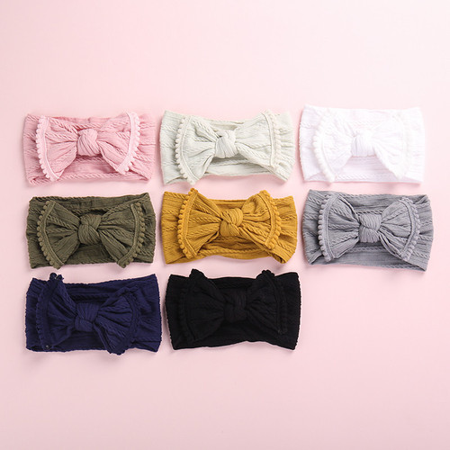 Amazon super soft fashionable wide jacquard baby headband bow fur ball edge hairband cute headband for girls