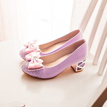 外贸单根高跟鞋15新款中跟蝴蝶结淡紫色粗跟圆头3-5cm少