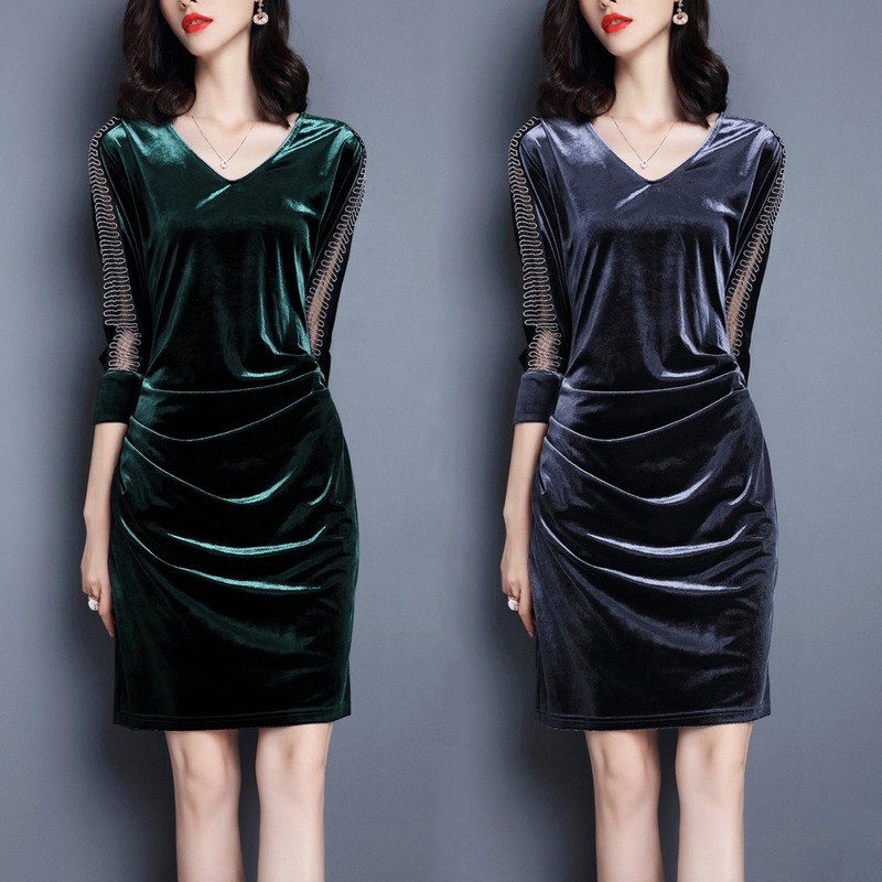 欧美长袖连衣裙2019秋冬新款时尚金丝绒拼接V领中长款收腰包臀裙