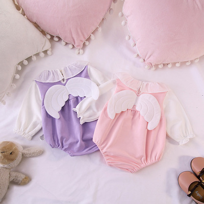 宝宝针织棉长袖三角哈衣网红小天使婴儿服连体衣爬服花边女|ms