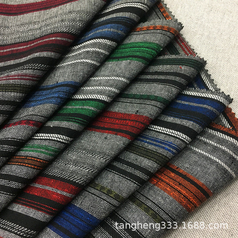 条纹亚麻沙发布料 涤麻双面色织宽条竹节亚麻面料 抱枕家纺布料