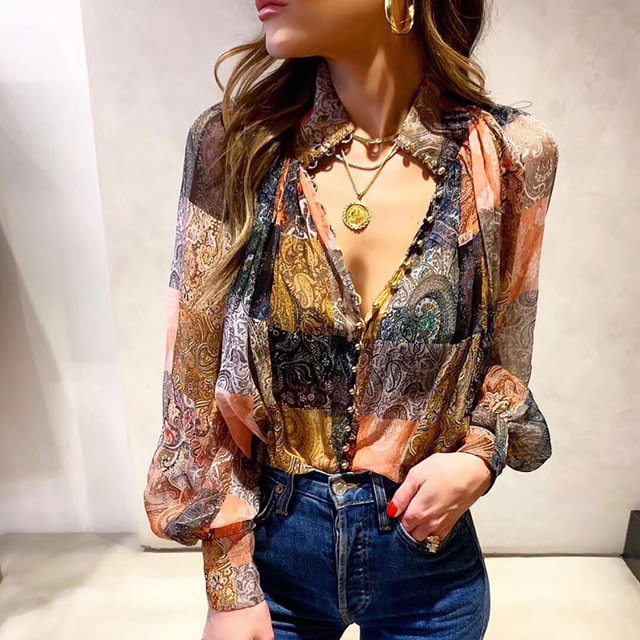 Spring Autumn Fashion Printed Square Bubble Sleeve Loose Shirt Top