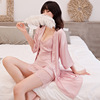 Pijama, silk sexy set, autumn top with cups, bathrobe, lifting effect, long sleeve