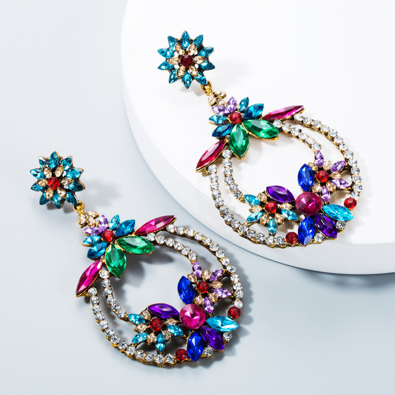 European And American Personality Color National Wind Wave Simia Female Alloy Color Rhinestone Earrings display picture 3