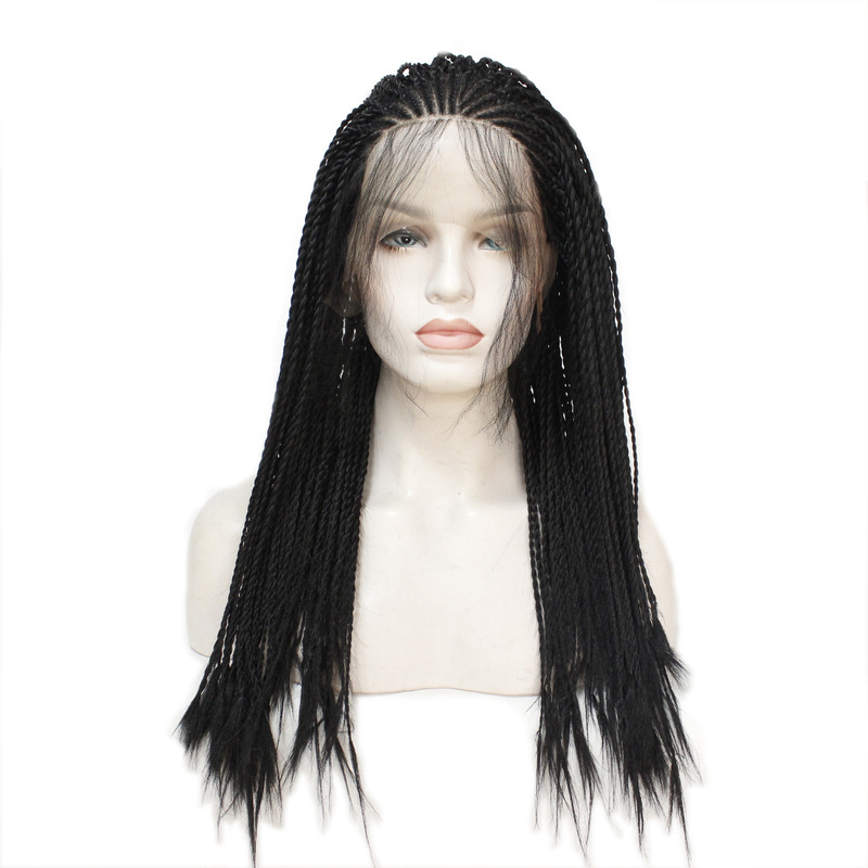 Fashion black hair small dirty braid wig half hand hook chemical fiber front lace headgear European and American three-strand braid wig