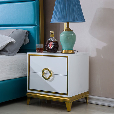 简约现代轻奢床头柜简易后现代不锈钢金色卧室白色烤漆边几柜现货|ms