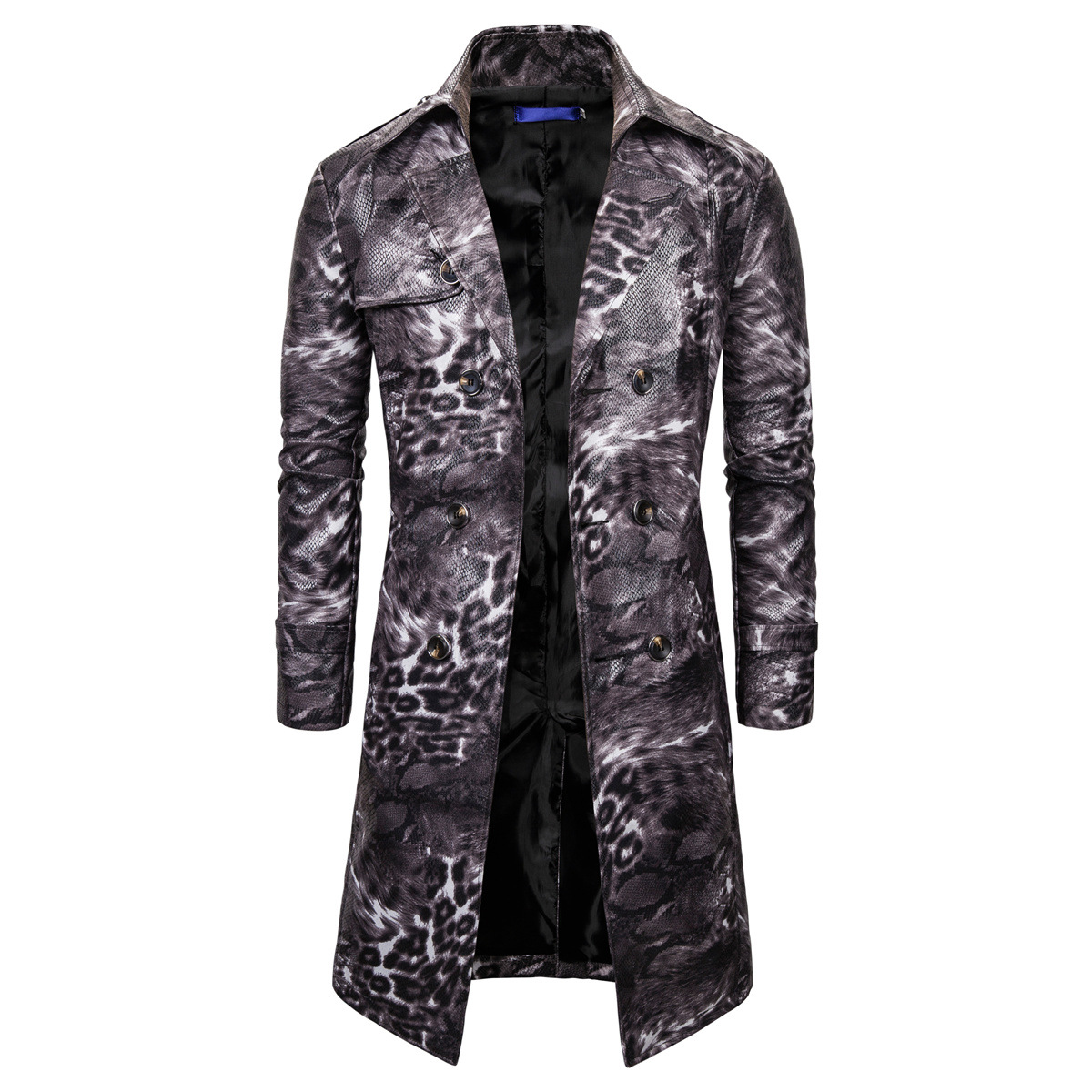 2019 autumn and winter new fashion leopard print medium long double breasted waistband men's windbreaker leather jacket_voghion.com