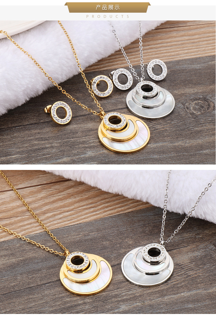 new simple round diamond shell earrings necklace set wholesale Nihaojewelry