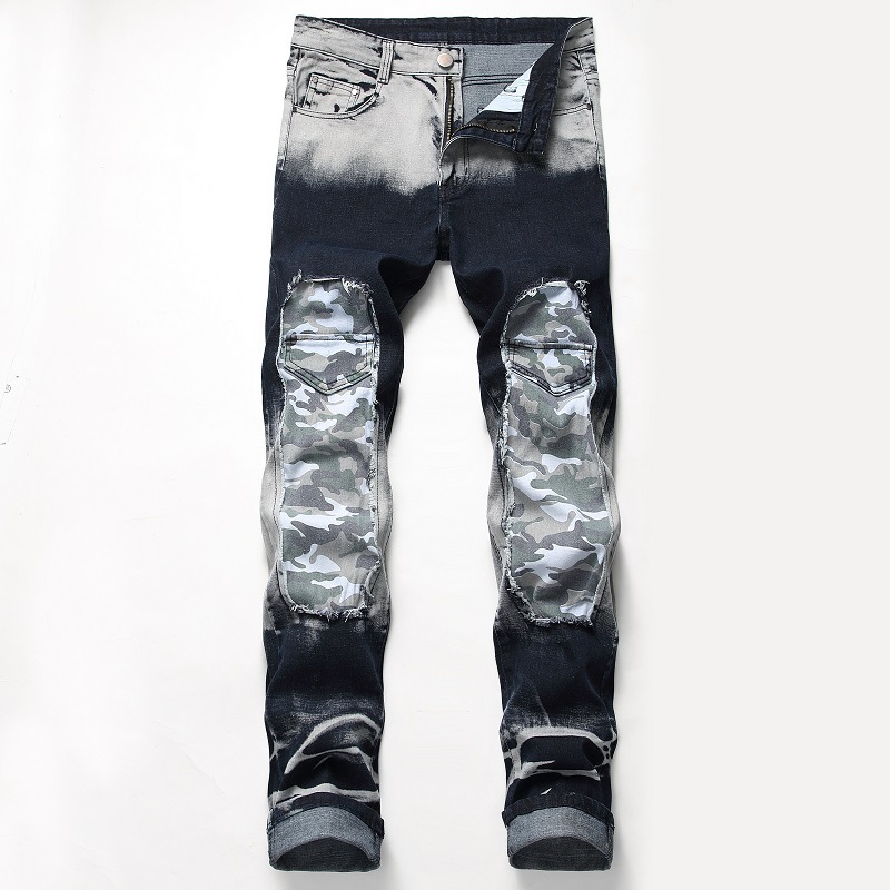 Men's Clothing Retro Denim Jeans For Men Distressed Color Blocking Stretch American Style Supply_viptrois.com