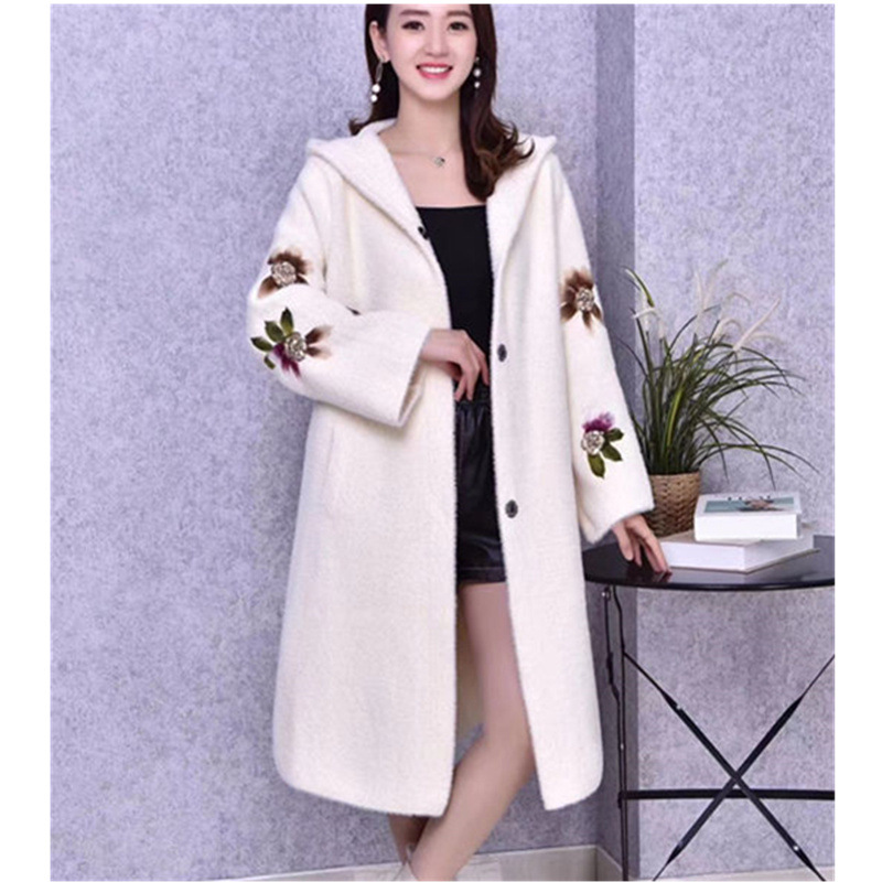 水貂绒大衣女中长款2019秋冬新款韩版宽松绣花开衫连帽外套女毛衣|ms