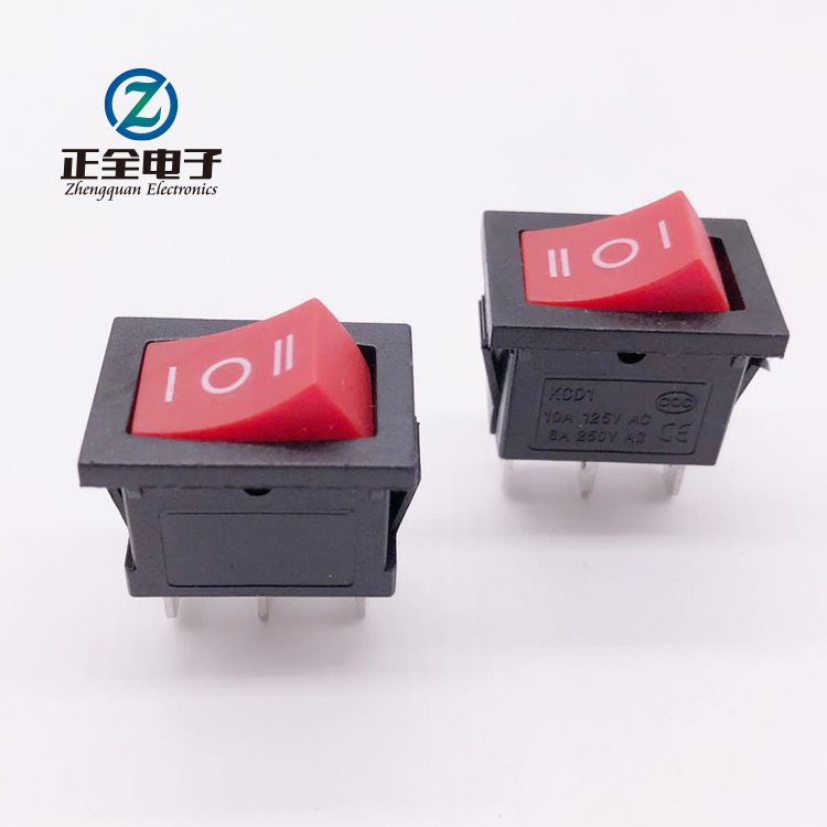 KCD1翘板船形开关红色盖3脚3档15X21三脚三档6A250V船型电源开关