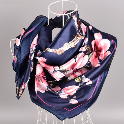  Spring New Shili Peach Blossom Satin 90*90 Square Silk Scarf Wholesale Women's Printed Scarf and Headband
