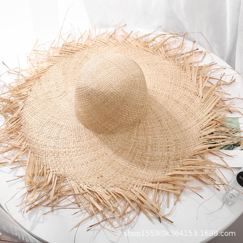 Straw hat, fur edge, large brim, raffia straw hat, summer sun hat ins for women traveling to the beach, seaside vacation sun hat