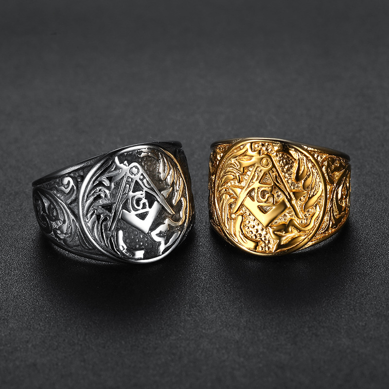 Amazon Hot Selling Wholesale Stainless Steel AG Masonic Carving Shape Ring Men's And Women's Titanium Steel Masonic Ring