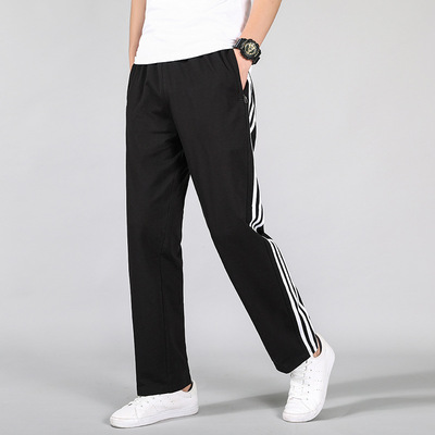 运动裤男纯棉三道杠宽松直筒夏季休闲长裤加大码薄款跑步裤校服裤|ru