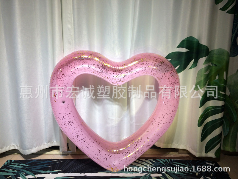 120CM玫瑰金亮片粉色 红色爱心玫瑰金心形游泳圈90CM桃心游泳圈