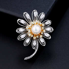 金雏菊胸花高档女天然淡水珍珠胸针毛衣链两用款大衣西服奢华别针