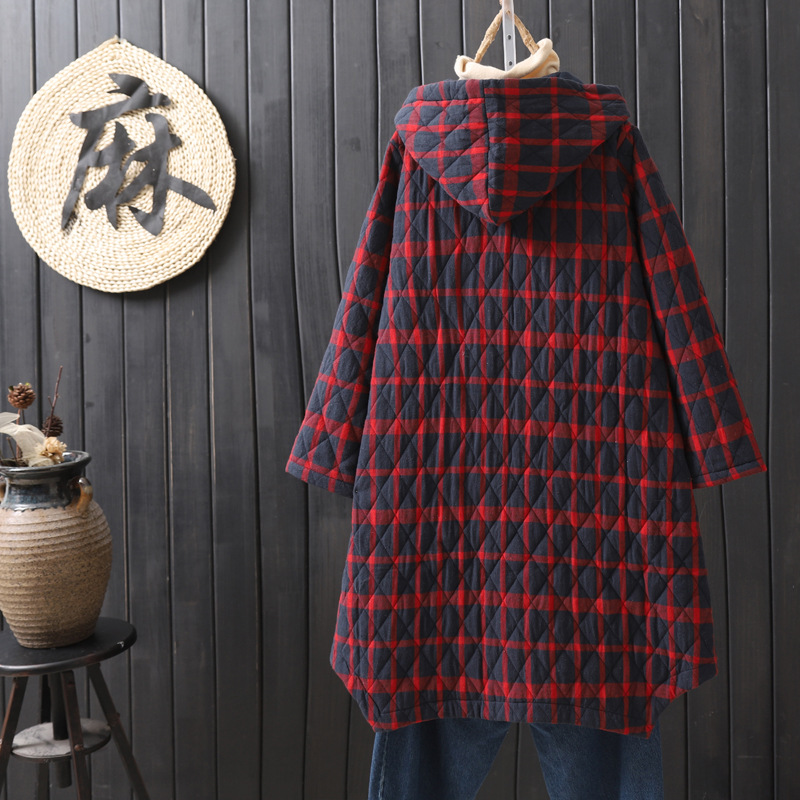 QE11 Cotton clip thickening Easy Large coat literature lattice Cotton Hooded Mid length version cotton-padded clothes cotton-padded jacket