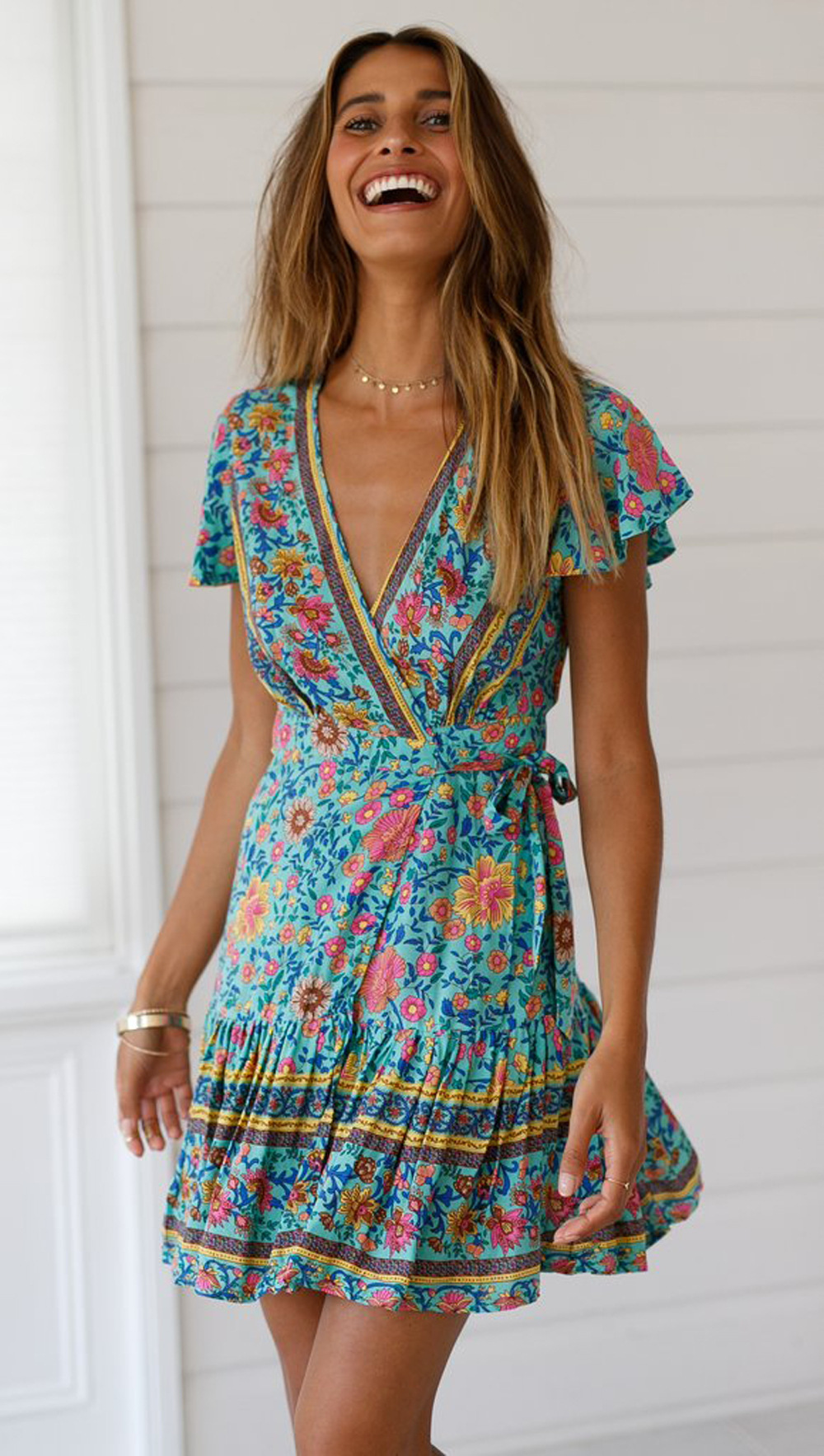 women s V-neck short-sleeved cardigan with bohemian print dress NSYD6026