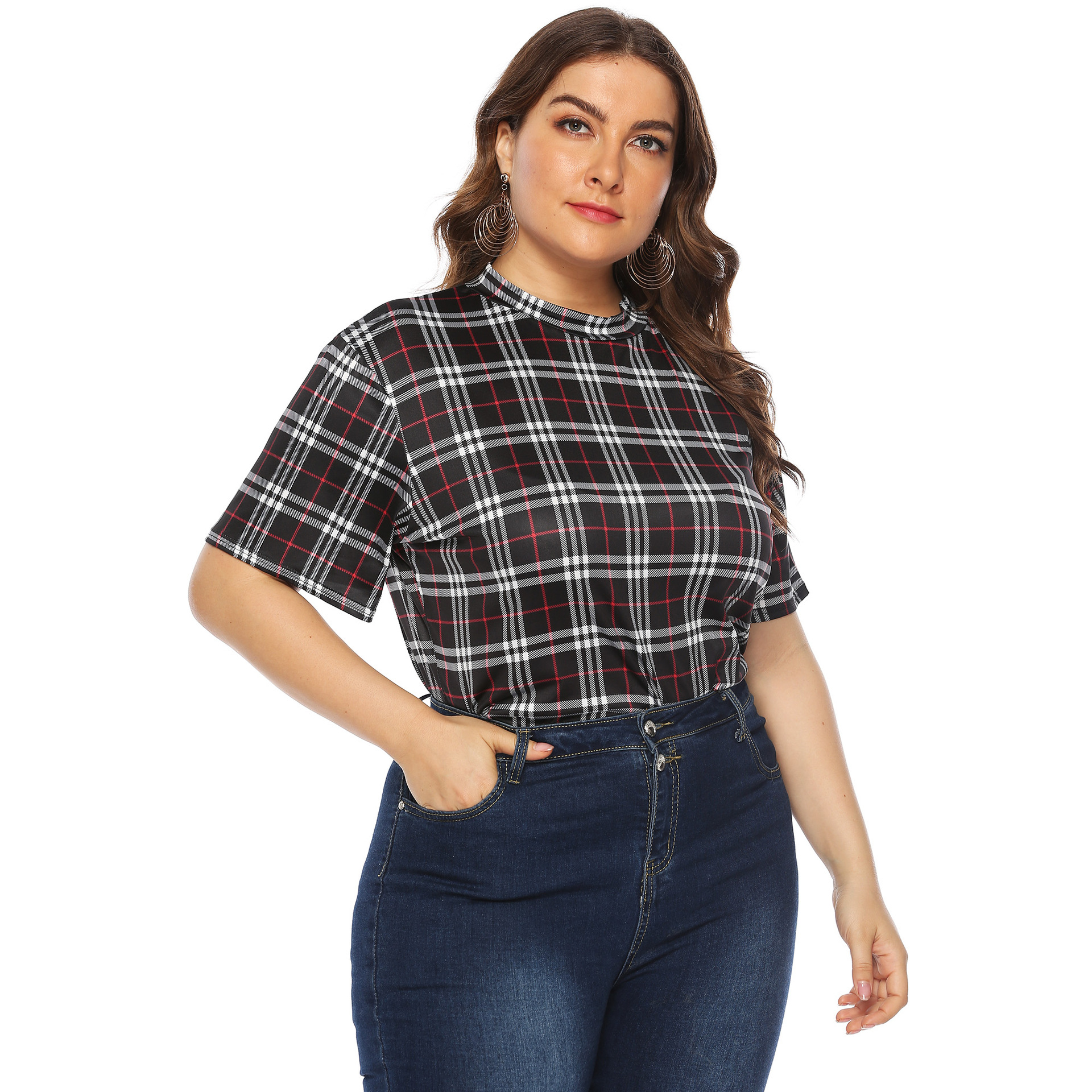 Plus Size Plaid Printed Loose Short-Sleeved Plaid T-Shirt NSOY27395