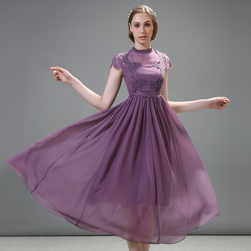 欧美2021夏季女装紫色气质双层雪纺面料裙子蕾丝镂空中长款连衣裙