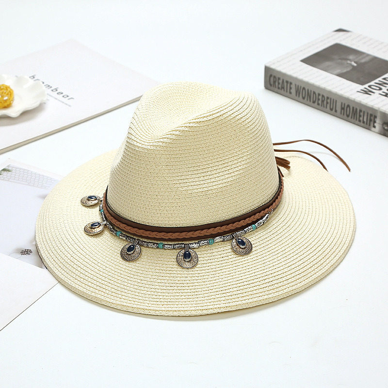 Viaje de verano nuevo sombrero de paja de protección solar de playa estilo coreano todo fósforo estilo étnico sombrero de ala grande Jazz femenino