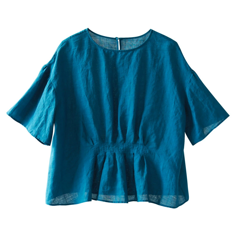 Женская одежда из хлопка и льна, плиссированная рубашка в стиле рами, женская рубашка с круглым вырезом и короткими рукавами, приталенная рубашка 2020