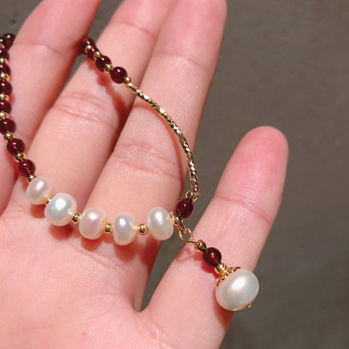 Korean-style irregular baroque freshwater pearl pomegranate stone simple bracelet necklace accessory