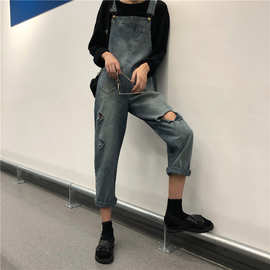 跨境2019秋冬新款韩版显瘦修身口袋破洞牛仔背带裤女连体裤潮