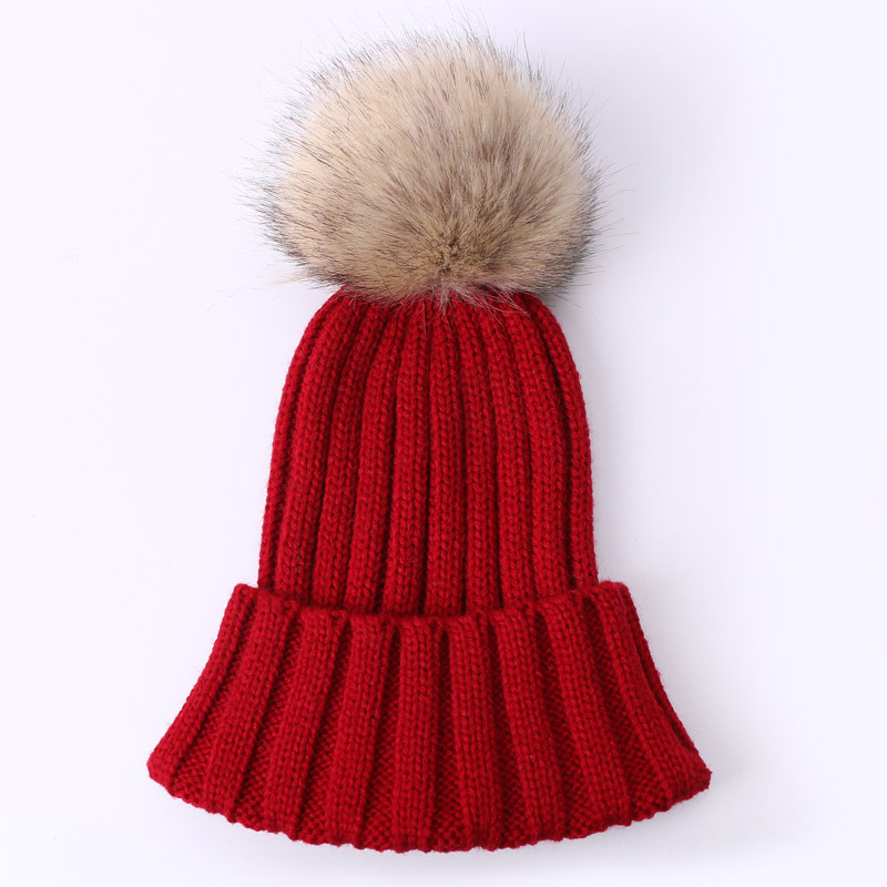 가짜 모피 공 버건디 모자