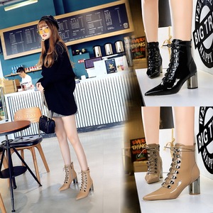 Korean fashion， all-around trend， bright surface， patent leather， pointed metal， high heel， cross strap， lace up boots