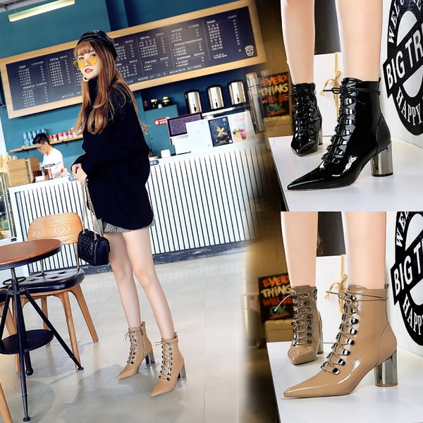 Korean fashion， all-around trend， bright surface， patent leather， pointed metal， high heel， cross strap， lace up boots