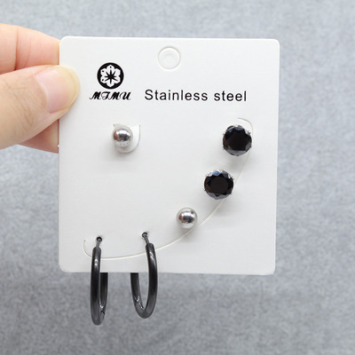 米沐厂家批发三件套不锈钢耳环 韩国百搭气质耳钉套装一件代发|ru