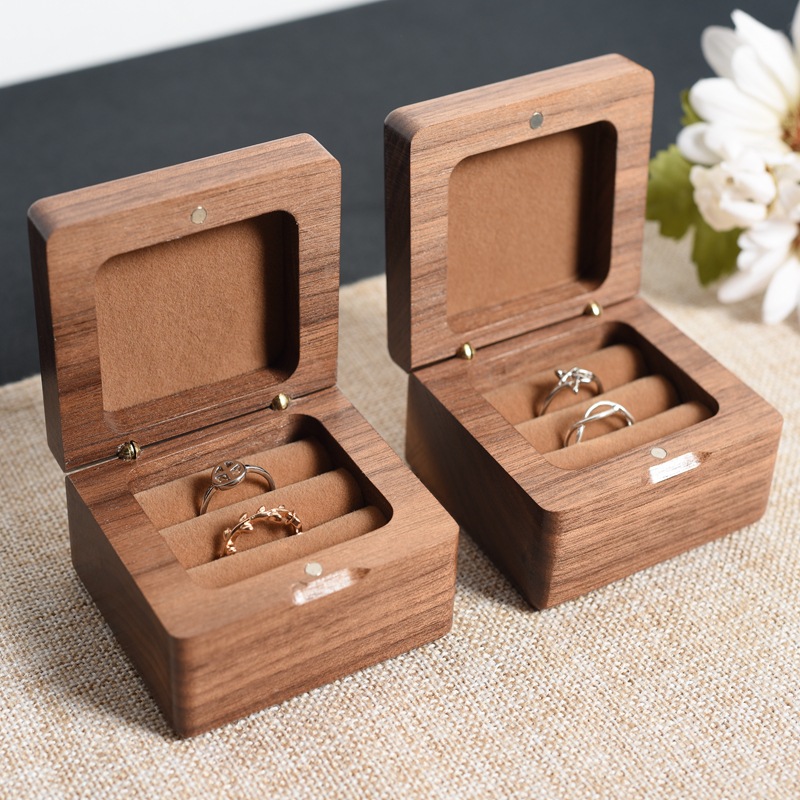 厂家定制木头首饰盒翻盖黑胡桃木盒婚礼双枚戒指盒绒布现货批发|ru