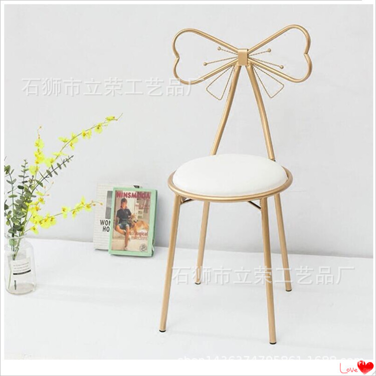 北欧金色蝴蝶结餐椅咖啡奶茶甜品店靠背椅铁艺美甲网红化妆皮垫椅